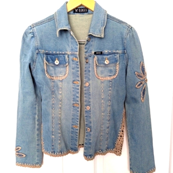 Vintage Bongo Womens (Small/3) Denim/Jean Jacket With Cream Crochet/Stitching - Picture 2 of 16
